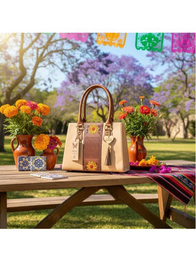 Beige Sunflowers Embossed Tooled Artisan Bag Purse Tote Handbag Bolsa Artesanal